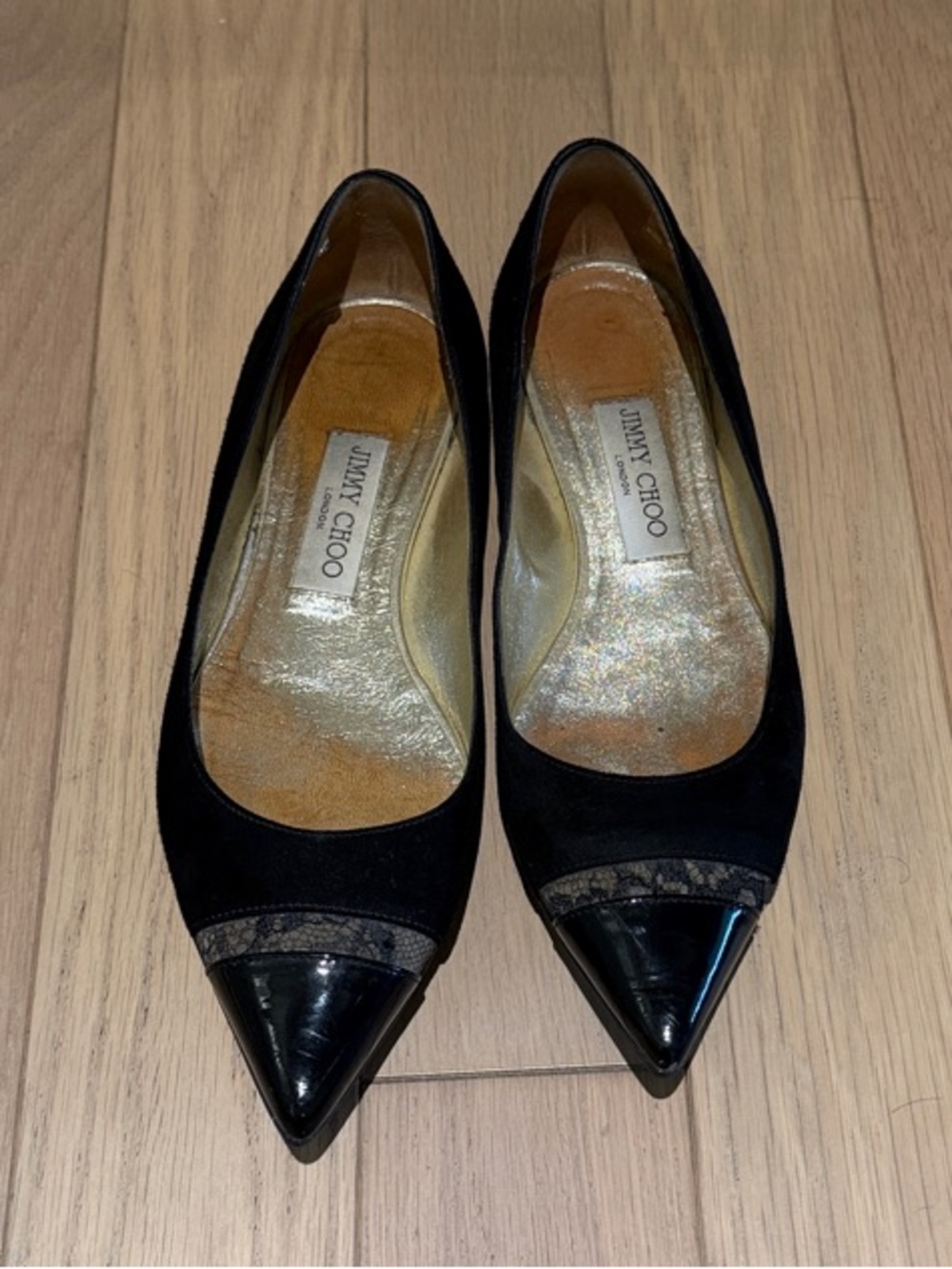 Jimmy Choo Black Pointed-Toe Suede Pumps with Patent Toe